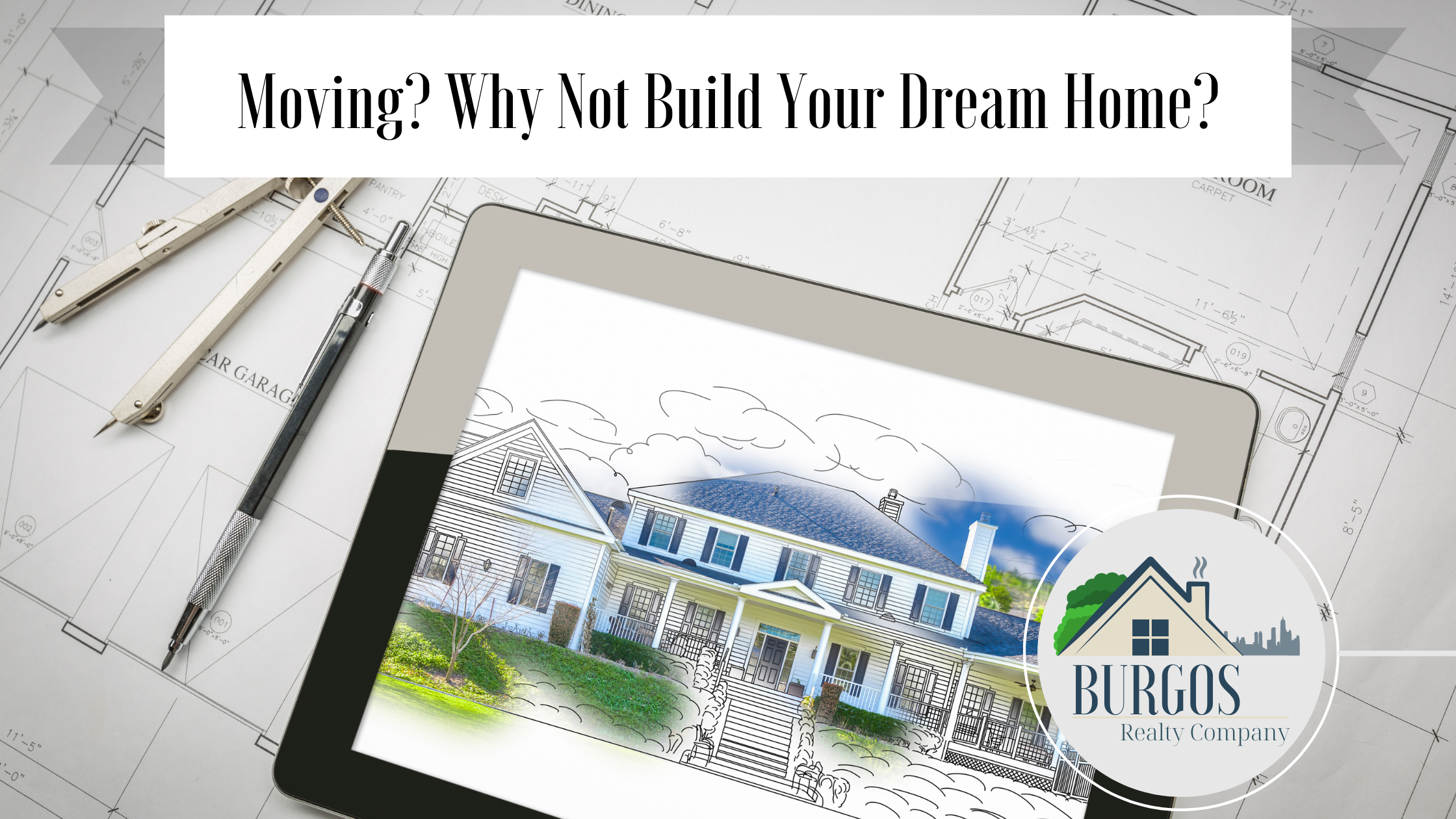 Tablet shows watercolor house which is placed atop of house floor plans.